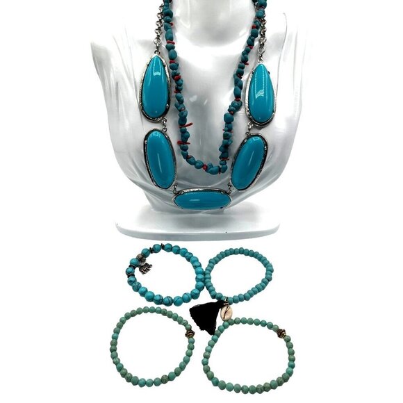 Vintage Turquoise & Silver Statement Necklace Bracelet Set Southwest Boho Coral - Picture 1 of 7